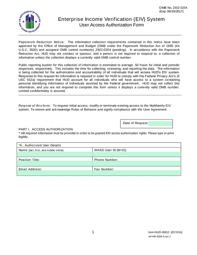 Enterprise Income Verification (EIV) System User Access Authorization Form screenshot