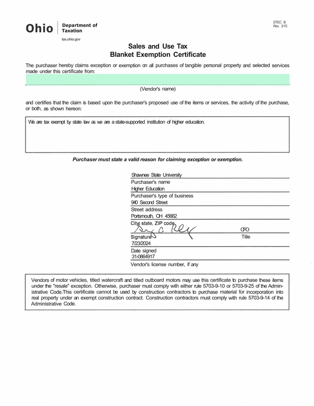 Sales And Use Tax Blanket Exemption Certificate screenshot
