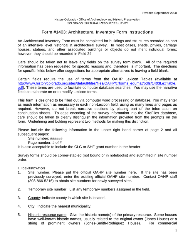 Form 1403 Architectural Inventory Form Instructions screenshot