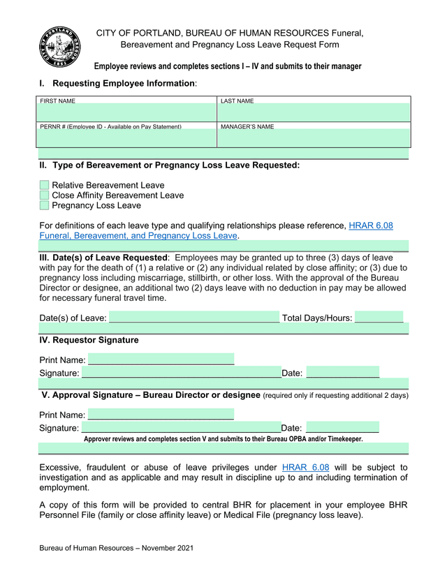Funeral, Bereavement And Pregnancy Loss Leave Request Form screenshot