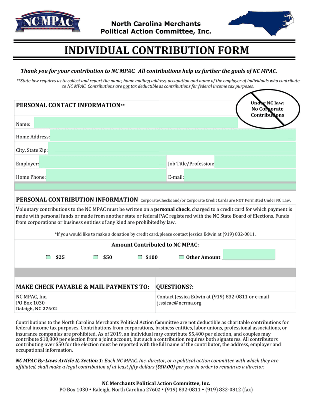 North Carolina Merchants Political Action Committee Individual Contribution Form screenshot
