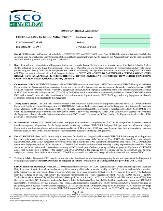 ISCO Canada Equipment Rental Agreement screenshot