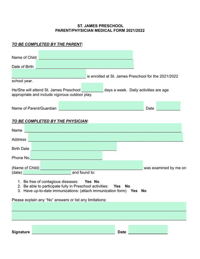 St. James Preschool ParentPhysician Medical Form 20212022 screenshot