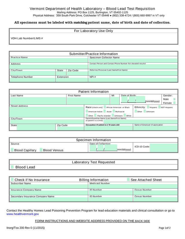 Vermont Department Of Health Laboratory  Blood Lead Test Requisition screenshot
