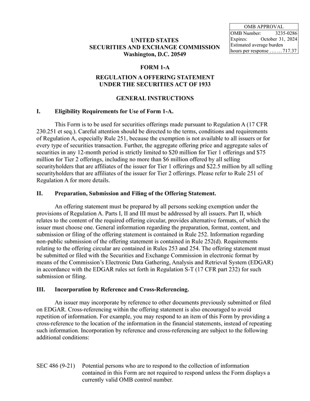 Form 1 A Regulation A Offering Statement screenshot