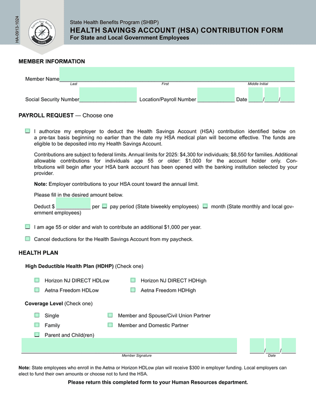 State Health Benefits Program (SHBP) Health Savings Account (HSA) Contribution Form screenshot