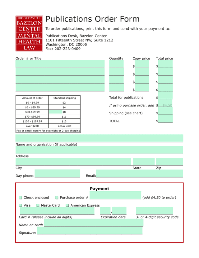 Publications Order Form screenshot