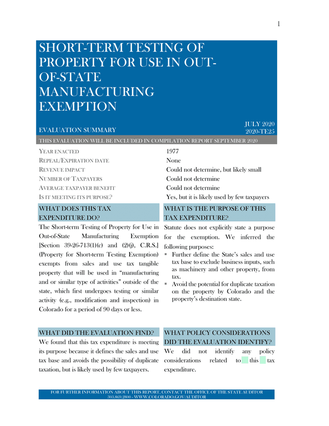 Short Term Testing Of Property For Use In Out Of State Manufacturing Exemption Evaluation Summary screenshot