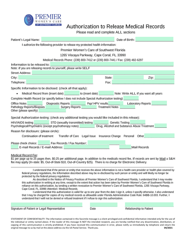 Authorization To Release Medical Records screenshot