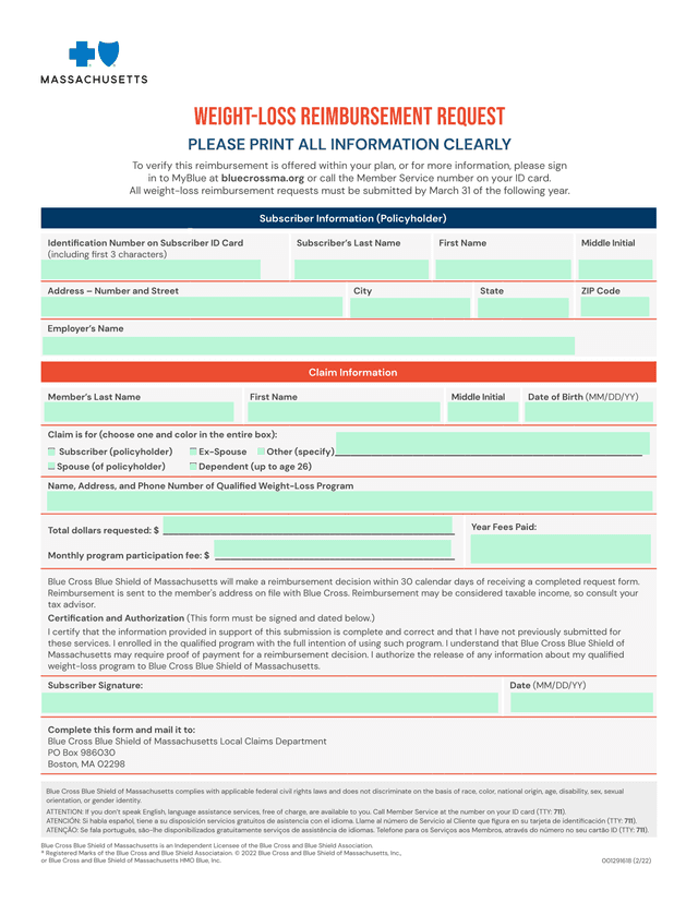 Weight Loss Reimbursement Request screenshot