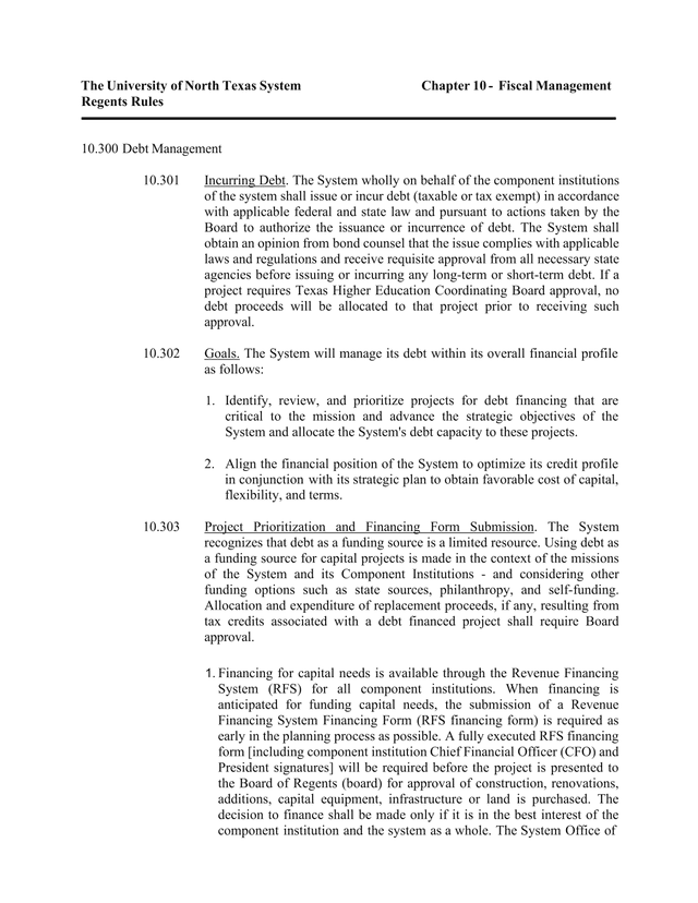 University Of North Texas System Regents Rules   Chapter 10 Fiscal Management screenshot