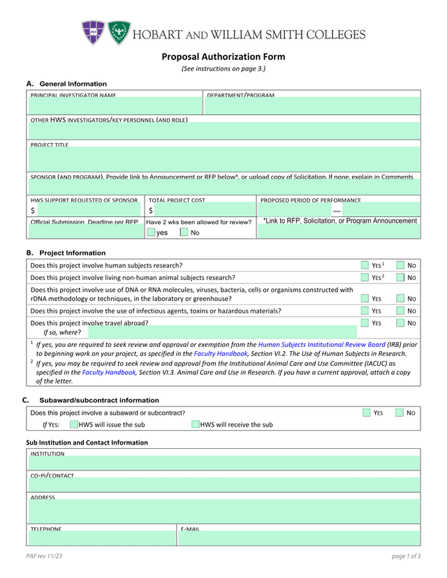 Proposal Authorization Form screenshot