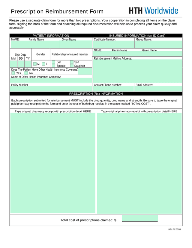 Prescription Reimbursement Form screenshot