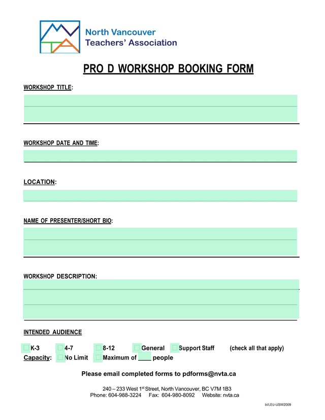 PRO D WORKSHOP BOOKING FORM screenshot