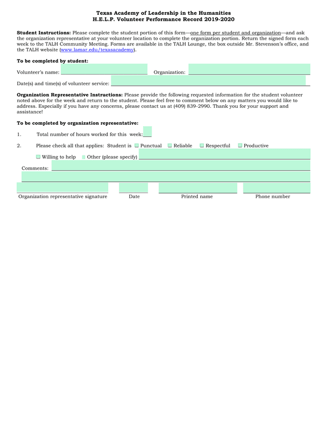 H.E.L.P. Volunteer Performance Record 2019 2020 screenshot