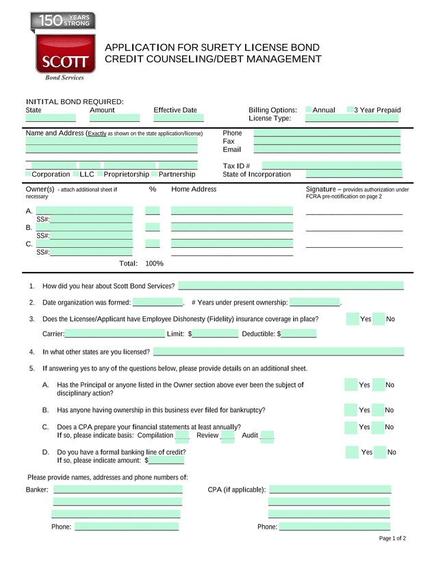APPLICATION FOR SURETY LICENSE BOND   CREDIT COUNSELINGDEBT MANAGEMENT screenshot