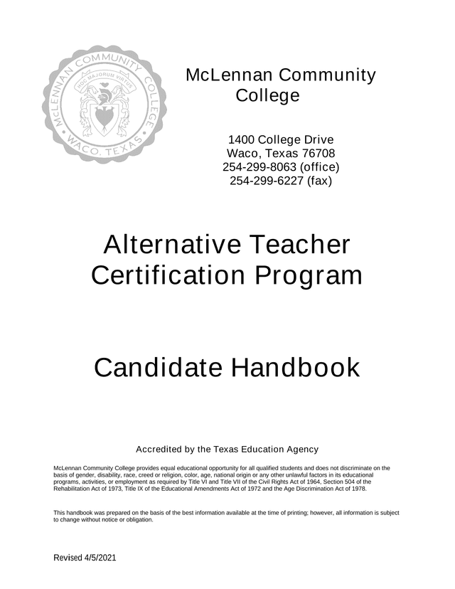 Alternative Teacher Certification Program Candidate Handbook screenshot