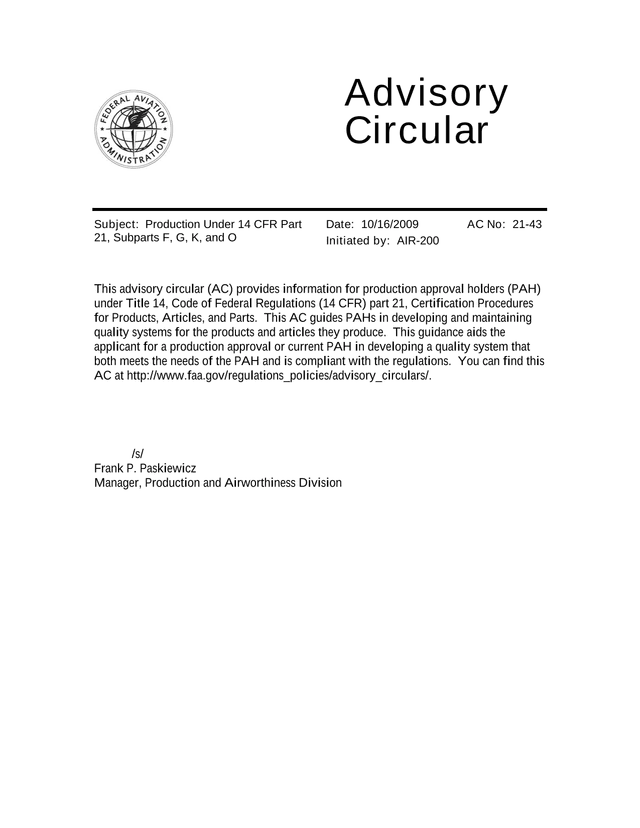 Advisory Circular 21 43 Production Under 14 CFR Part 21, Subparts F, G, K, And O screenshot