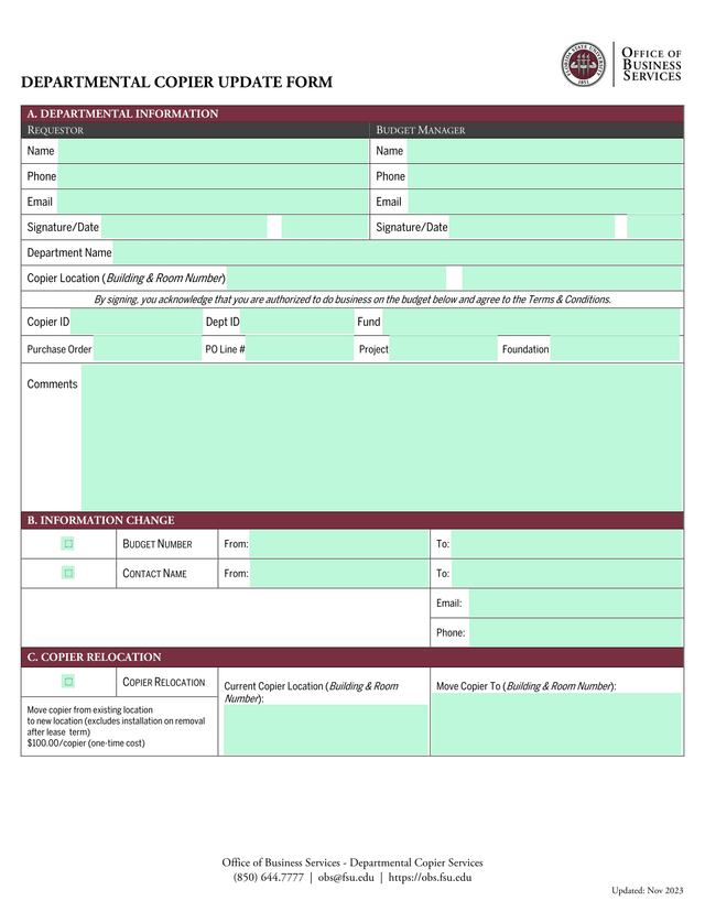 Departmental Copier Update Form screenshot