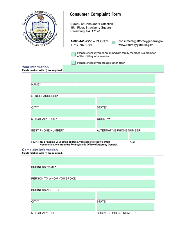 Consumer Complaint Form screenshot