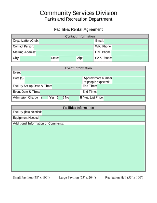 Facilities Rental Agreement screenshot