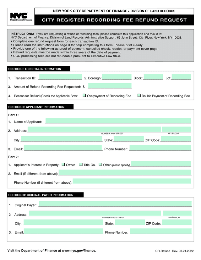 City Register Recording Fee Refund Request Form screenshot