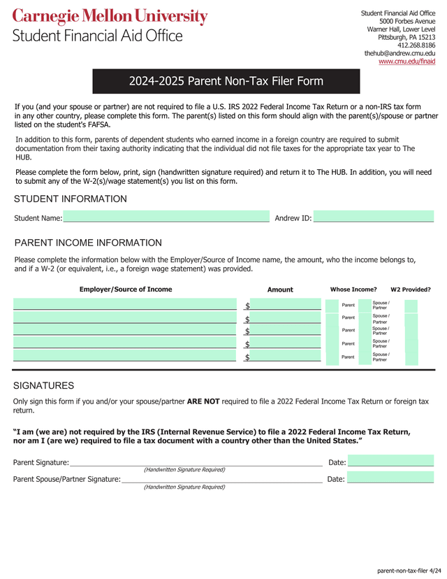 2024 2025 Parent Non Tax Filer Form screenshot