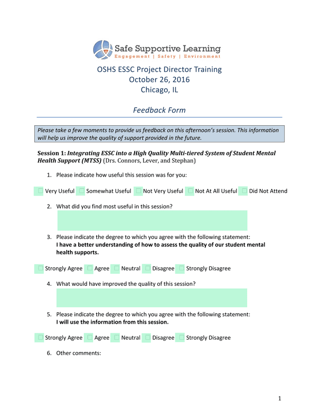 OSHS ESSC Project Director Training Feedback Form screenshot