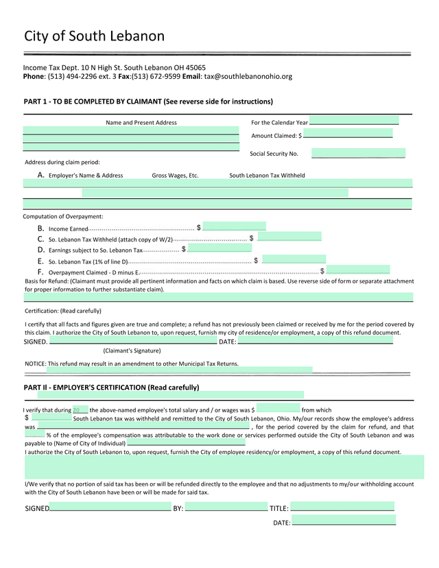 South Lebanon Income Tax Refund Claim Form screenshot