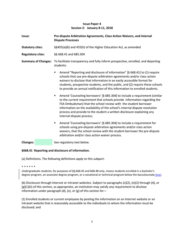 Issue Paper 4 Pre Dispute Arbitration Agreements, Class Action Waivers, And Internal Dispute Process screenshot