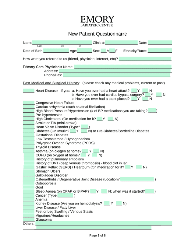 New Patient Questionnaire screenshot