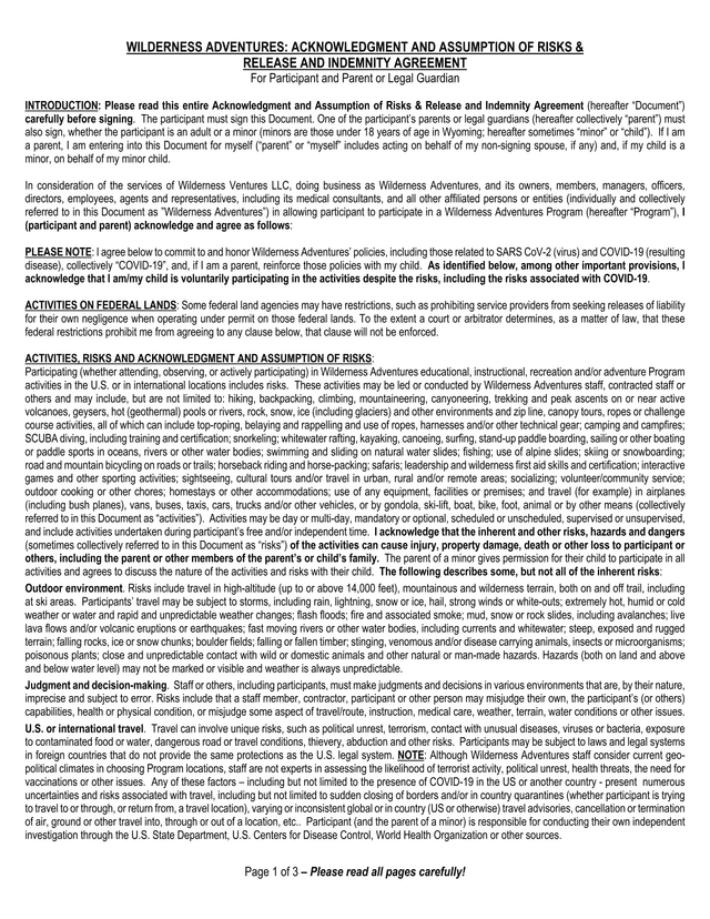 WILDERNESS ADVENTURES ACKNOWLEDGMENT AND ASSUMPTION OF RISKS  RELEASE AND INDEMNITY AGREEMENT screenshot