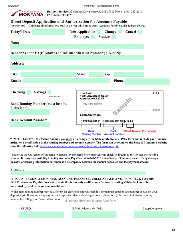 Vendor EFT Direct Deposit Form screenshot