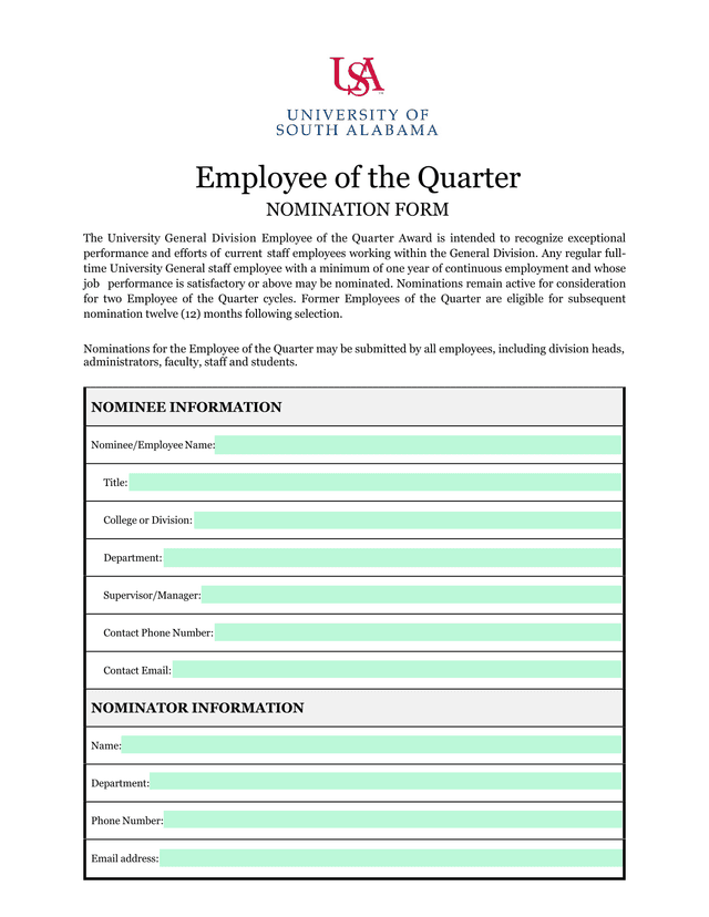 Employee Of The Quarter Nomination Form screenshot