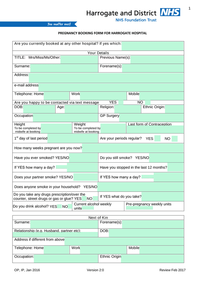 Pregnancy Booking Form For Harrogate Hospital screenshot