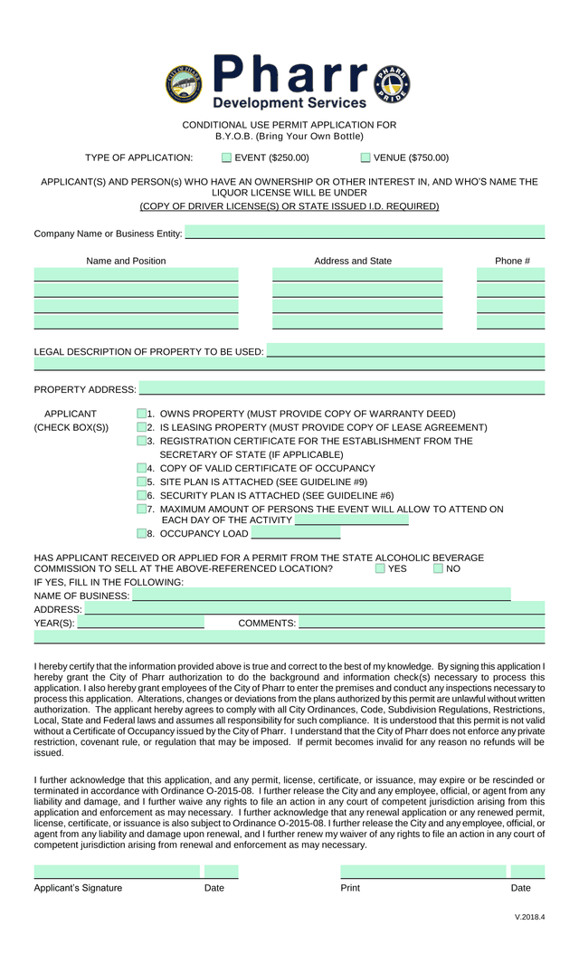 Conditional Use Permit Application For B.Y.O.B. (Bring Your Own Bottle) screenshot