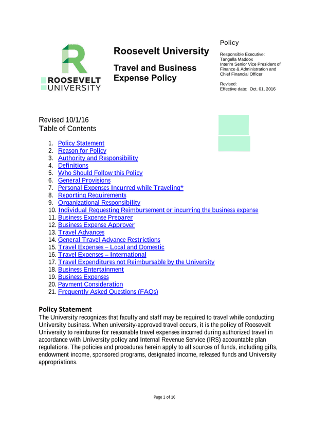 Roosevelt University Travel And Business Expense Policy screenshot