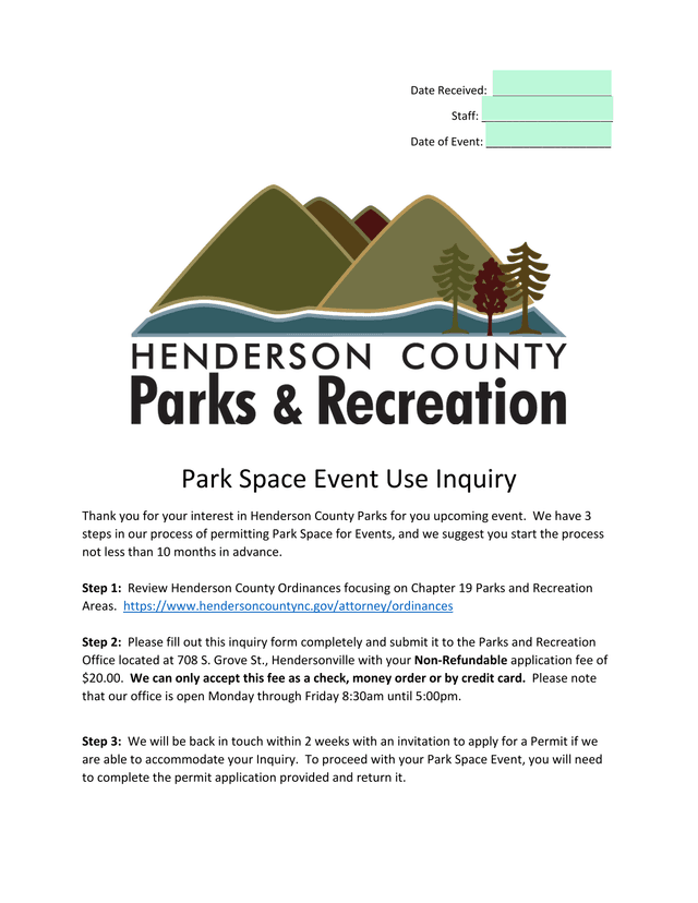 Park Space Event Use Inquiry screenshot