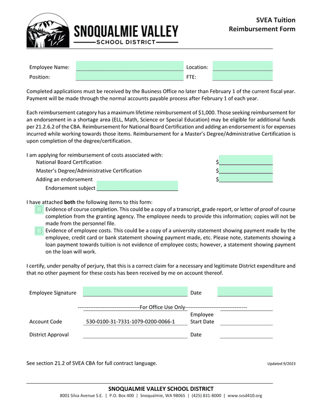 SVEA Tuition Reimbursement Form screenshot