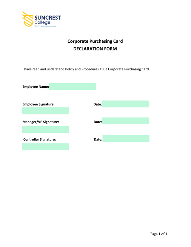Corporate Purchasing Card DECLARATION FORM screenshot