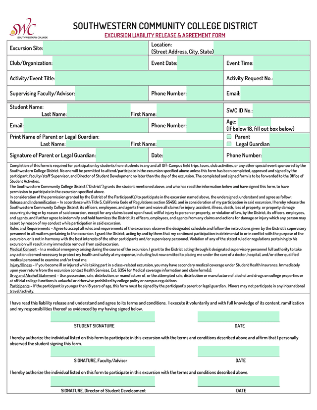 Southwestern Community College District Excursion Liability Release  Agreement Form screenshot