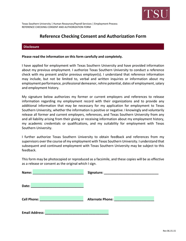 Reference Checking Consent And Authorization Form screenshot