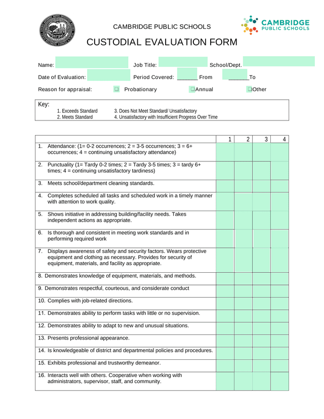 CAMBRIDGE PUBLIC SCHOOLS CUSTODIAL EVALUATION FORM screenshot
