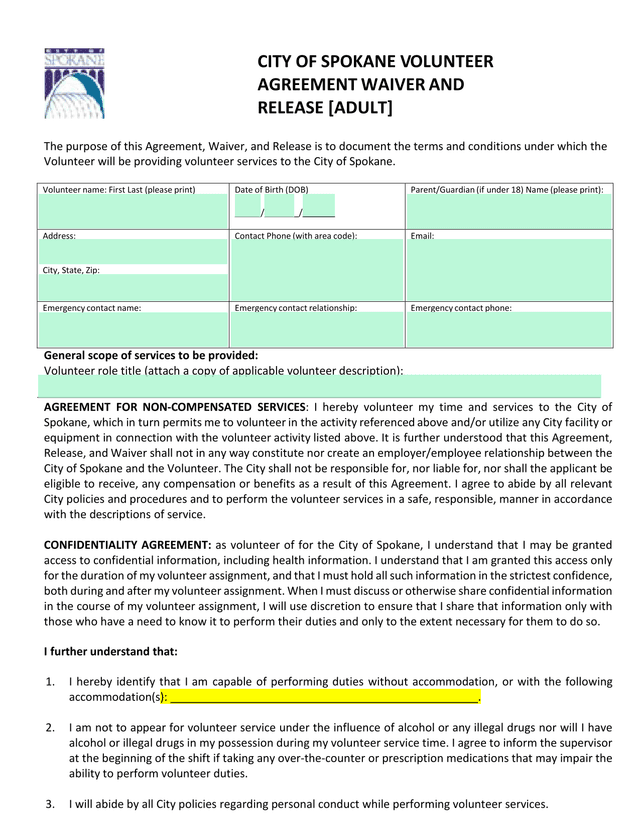 City Of Spokane Volunteer Agreement Waiver And Release Adult screenshot