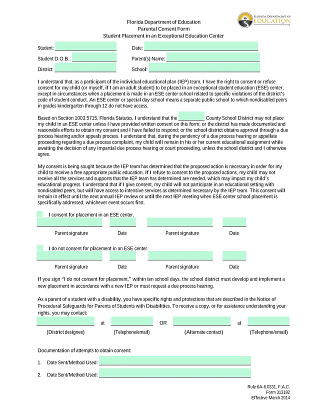 Parental Consent Form   Student Placement In An Exceptional Education Center screenshot