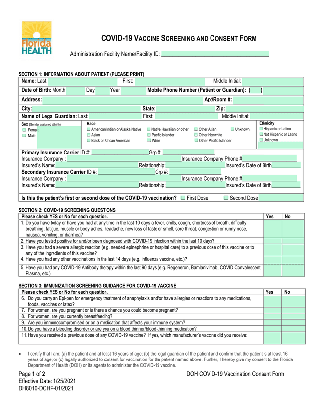 DOH COVID 19 Vaccination Consent Form screenshot