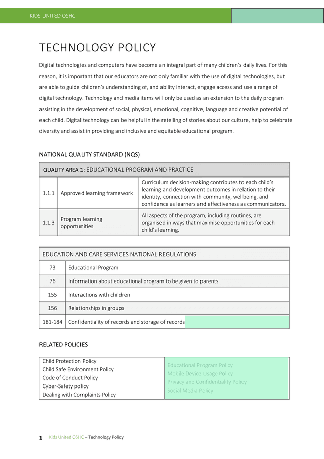 Kids United OSHC  Technology Policy screenshot
