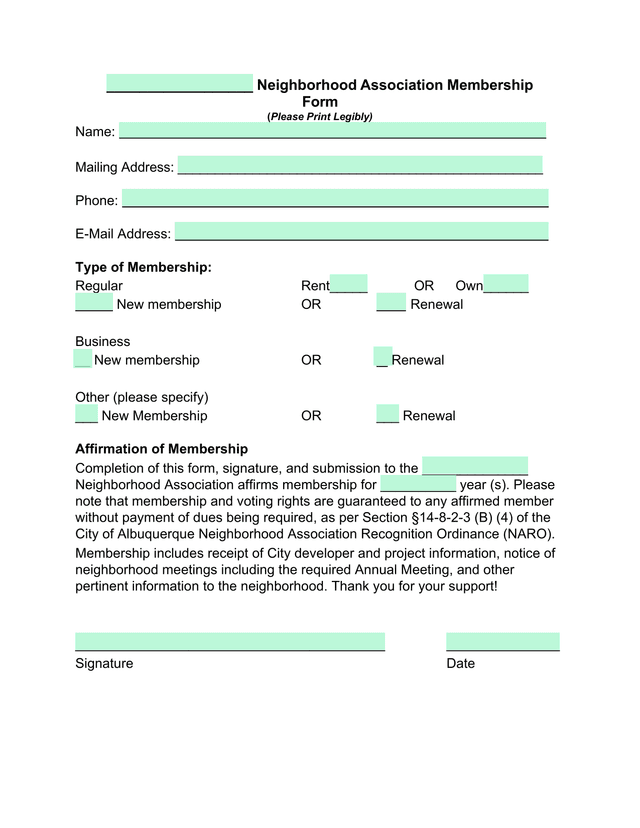 Neighborhood Association Membership Form screenshot