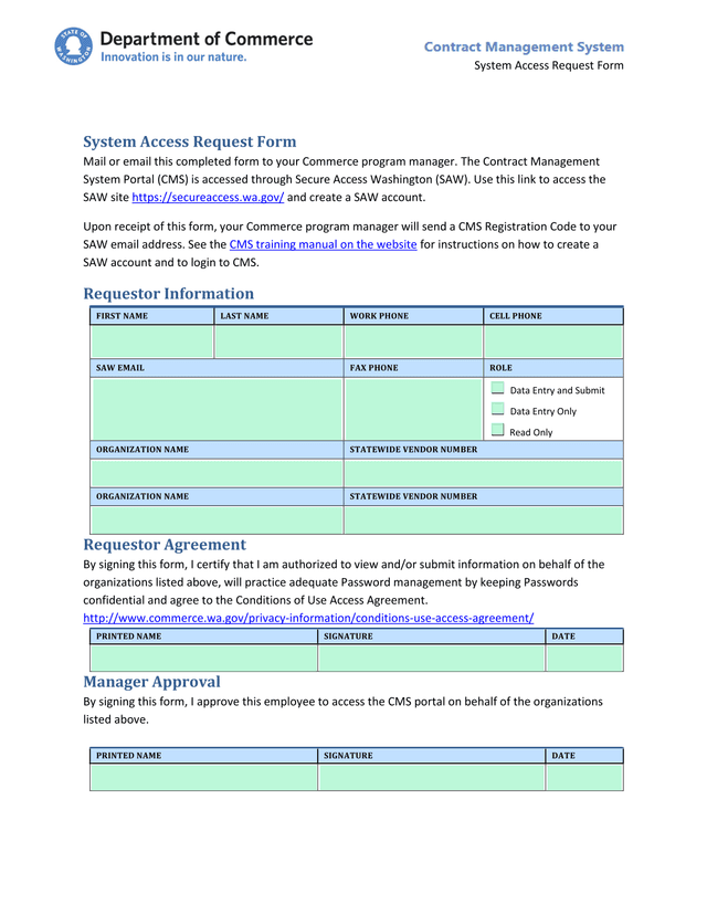 System Access Request Form screenshot