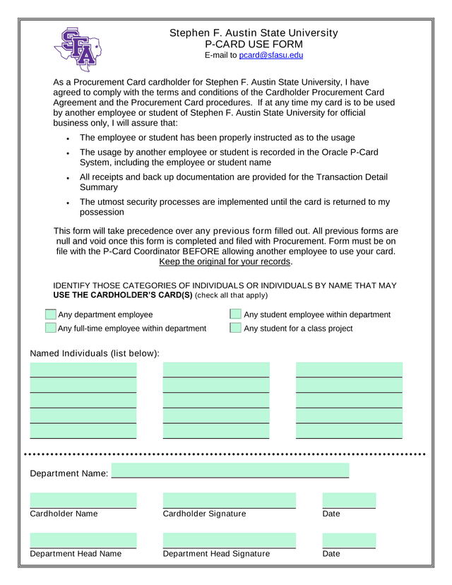 Stephen F. Austin State University P CARD USE FORM screenshot